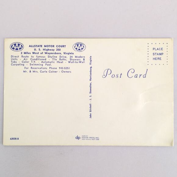 Allstate Motor Court US Highway 250 Waynesboro Virginia 1950s Postcard Motel - Picture 2 of 2